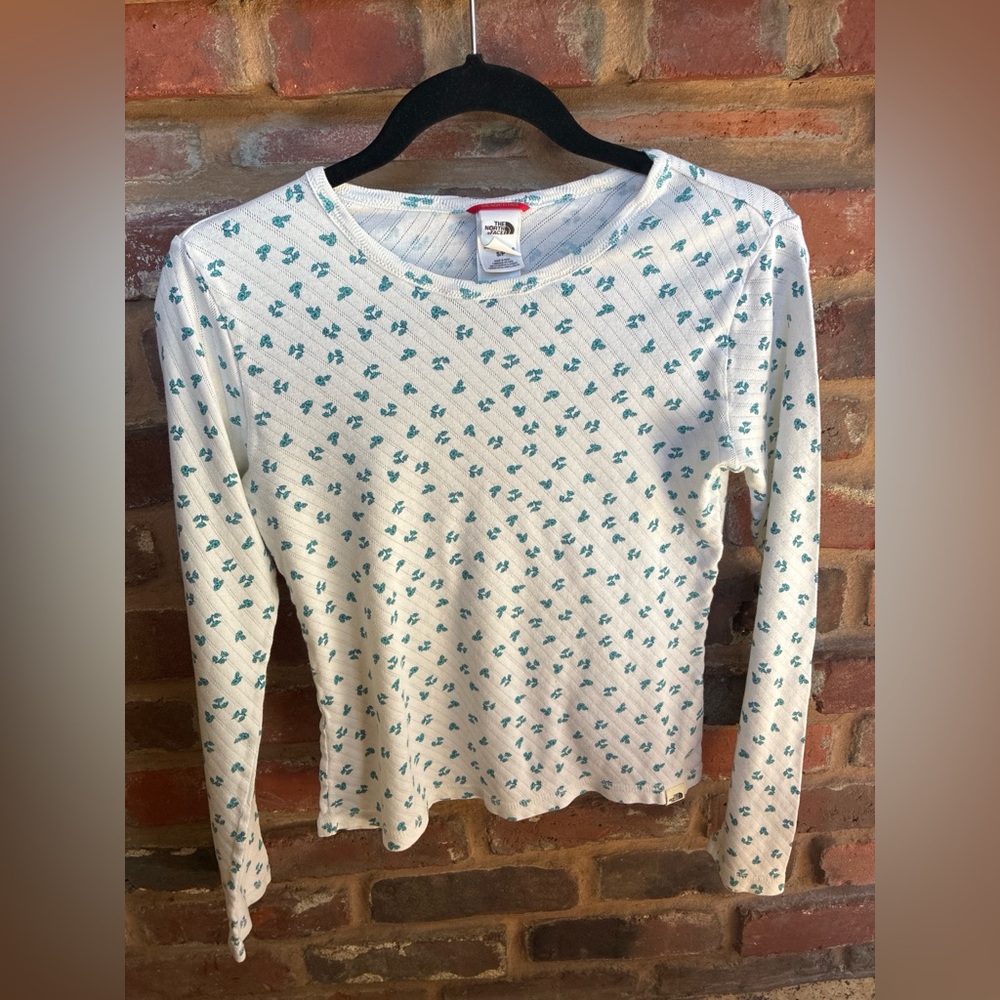 The North Face White Ribbed Long Sleeve Top with Teal Floral Print